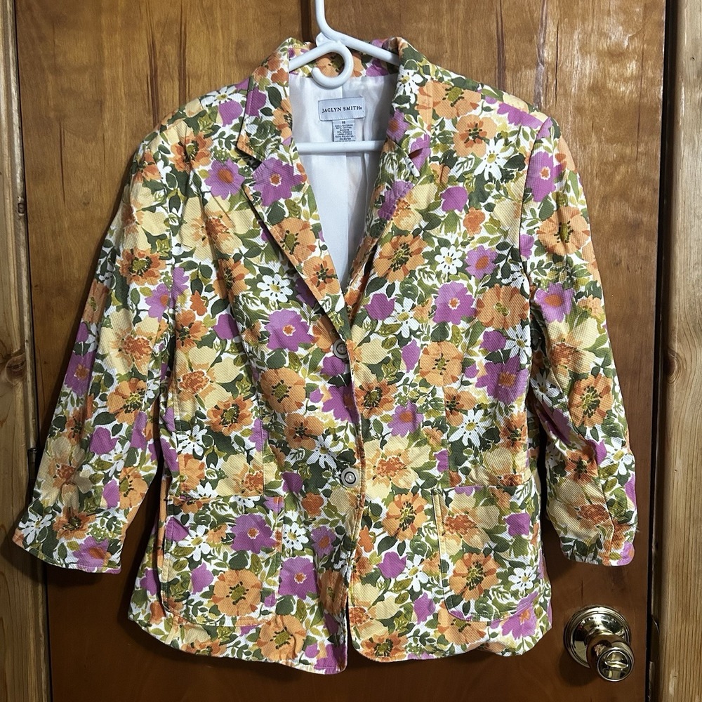 Jaclyn Smith Floral‎ Spring Blazer Size 18 Yellow Orange Cotton